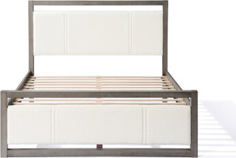 Latitude Run Queen Bed With Boucle Fabric Headboard, Grey Wood Frame, Solid Rubberwood Legs, Silent And Comfort - Oriented Frame Upholstery, Slats, Good For Mattre