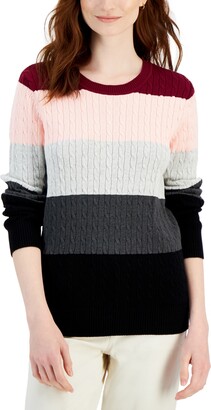 Karen Scott Women's Cable Crewneck Gemma Stripe Sweater, Created for Macy's