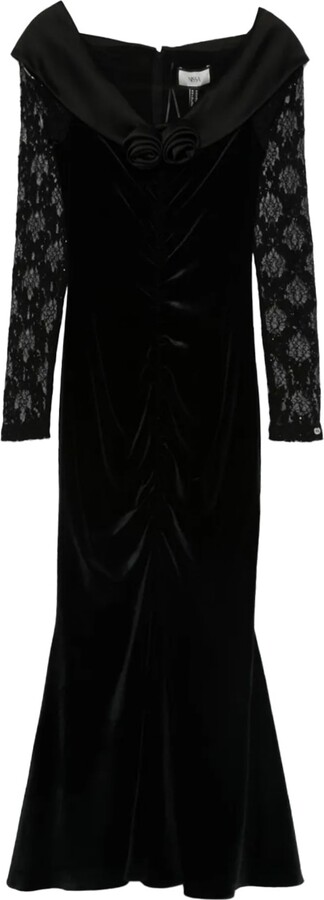 Nissa Black Floral-Appliqué Velvet Midi Dress