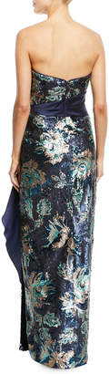 Marchesa Notte Strapless Sequin Peony Column Gown