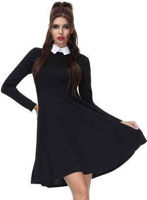 For G and PL Women's Halloween Black Wednesday Addams Peter Pan Collar Long  Sleeve Flare Skater Dress Black XL - ShopStyle