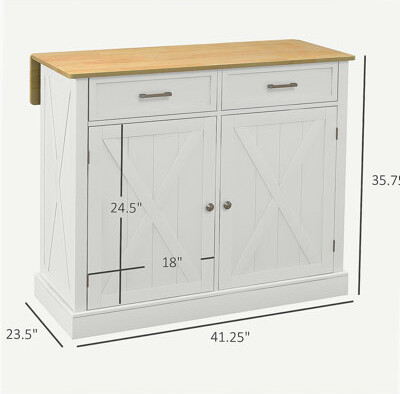 Rolling kitchen island with foldable wooden breakfast bar, country kitchen cart with 2 drawers, adjustable shelves for dining, white