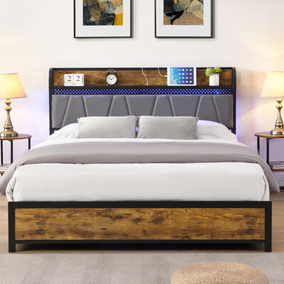 Full Size Bed, Storage Headboard With Outlets & Charging, 4 Large Drawers, Led Lights, Brown Gray And Ports, Multi Lights