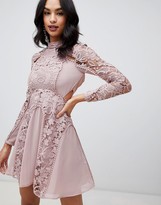 Thumbnail for your product : ASOS DESIGN mini dress with high neck in guipure lace with cut out