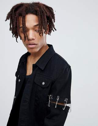 ASOS Sixth June denim jacket with safety pins in black exclusive to