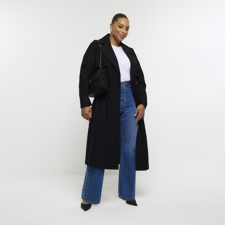 River Island Womens Plus Black Studded Longline Trench Coat