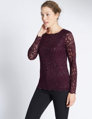 Marks and Spencer Sparkle Lace Long Sleeve Jersey Top