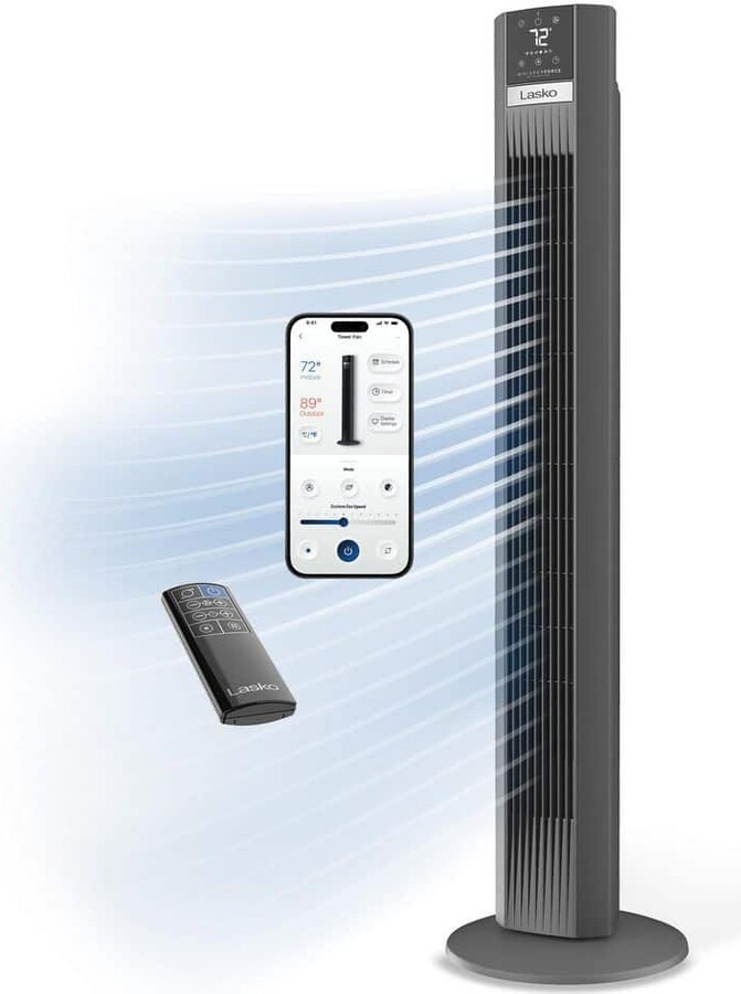 Lasko Xtra Air 48 in. 12-Speed Smart Tower Fan in Gray w/ DC Motor, Works w/ Alexa, Google, Whisper Quiet, Remote, 12 in. Dia