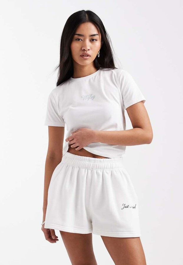 Six Stories Bridal script 'just married' sweat shorts in white - part of a set