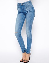 Thumbnail for your product : ASOS Ridley High Waist Ultra Skinny Jeans in Light Wash Blue with Knee & Back Thigh Rip