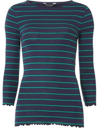 Dorothy Perkins Womens Navy and Green 3/4 Sleeve Lettuce Edge Striped T-Shirt