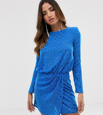 Flounce London midi dress with statement shoulder in cobalt with sequins