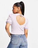 Thumbnail for your product : Miss Selfridge rib short sleeve tie back frill hem top in lilac