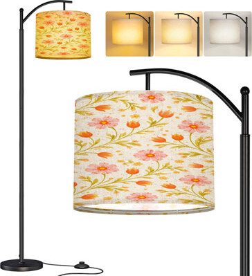 East Urban Home Arc Floor Lamp Floral Pink Flowers Orange Tulips Cream Tall Modern Standing Lamp LED Adjustable Linen Lampshade 3 Color Temperatures