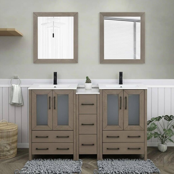 Vanity Art 60 in. W x 18.1 in. D x 35.8 in. H Double Basin Driftwood Gray Bath Vanity with White Ceramic Top and Mirror
