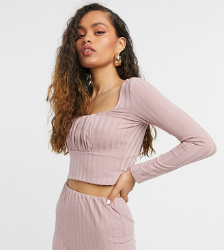 ASOS Petite DESIGN Petite long sleeve thick rib top with ruched bust detail in blush co-ord