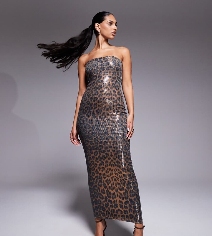 Kaiia sequin bandeau bodycon maxi dress in leopard print