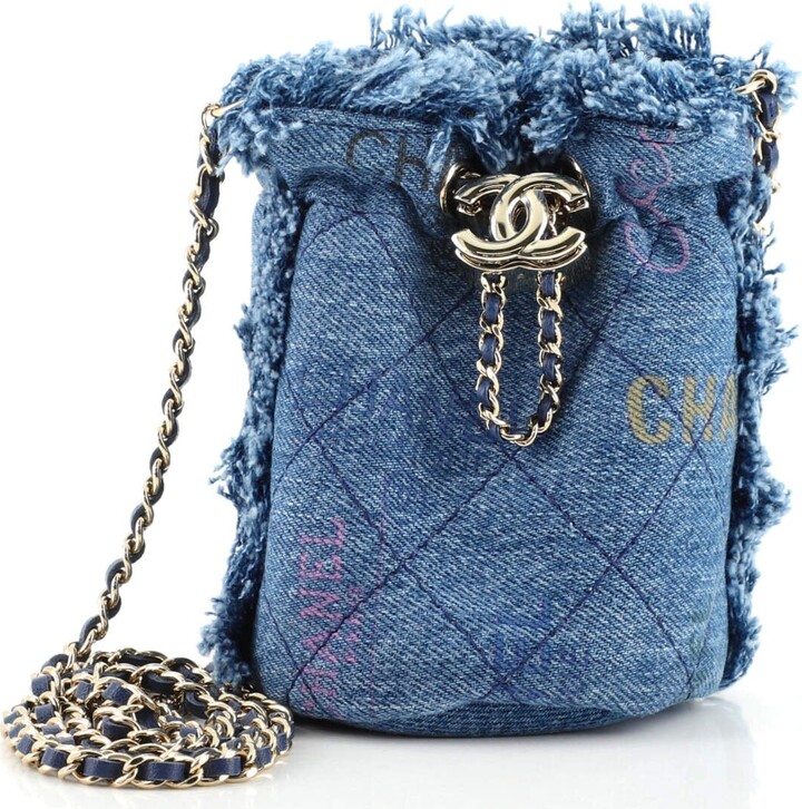 CHANEL, Bags, Chanel Denim Mood Chain Bucket Bag Logo Printed Quilted  Fringe Denim Medium Blue