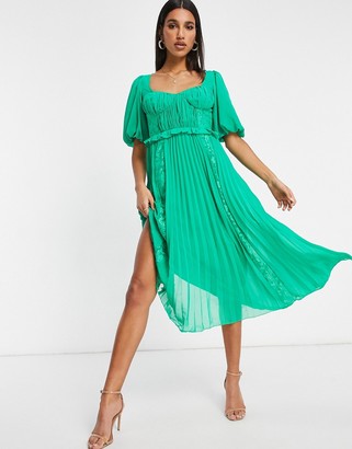 ASOS DESIGN puff sleeve pleated midi dress with lace inserts in emerald green