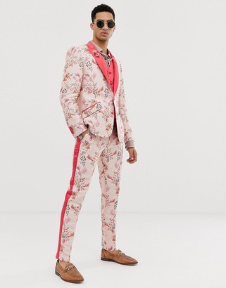 ASOS EDITION skinny suit jacket in pink floral jacquard with embroidered lapel