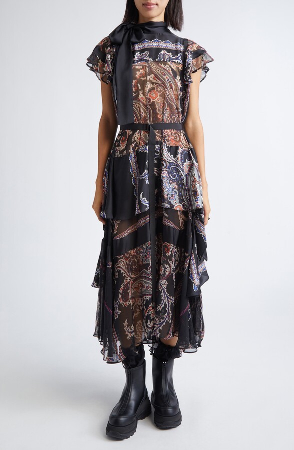 Sacai Paisley Tie Neck Tiered Dress