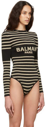Balmain Black and Gold Striped Logo Bodysuit