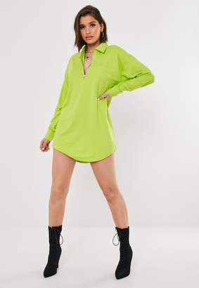 Missguided Lime Zip Front Shirt Collar T Shirt Dress