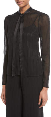 Alexis Taissa Sheer Striped Embellished Tie-Neck Top