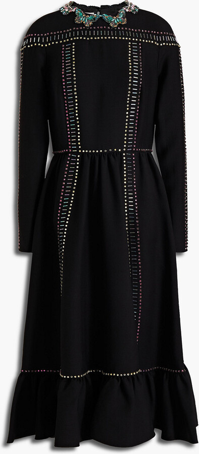 Gathered embellished wool and silk-blend midi dress
