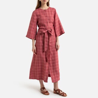 La Redoute Collections Checked Linen Midaxi Shirt Dress with Crew Neck