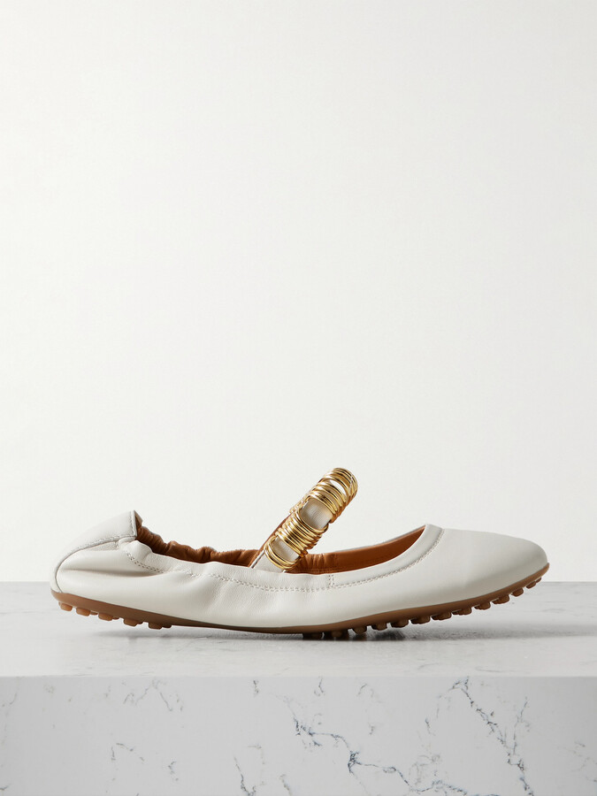 Tod's Ballerina Embellished Leather Flats - Cream