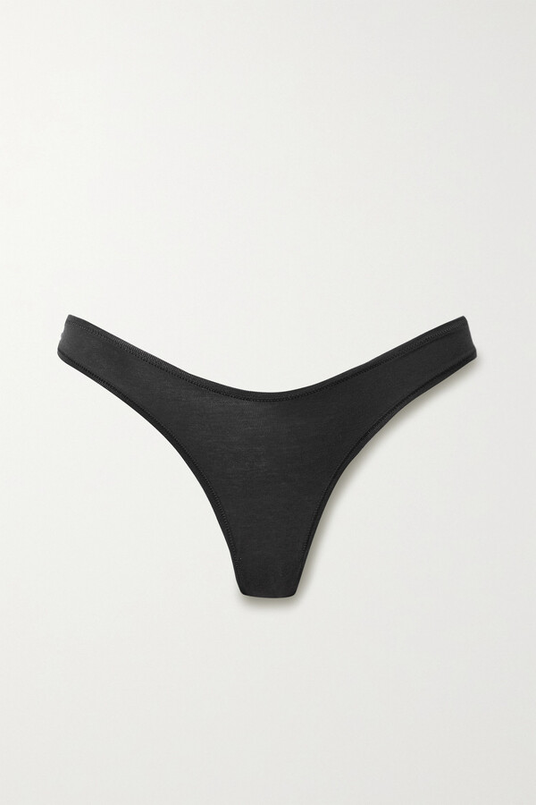 SKIMS Cotton Collection ribbed cotton-blend jersey thong - Soot