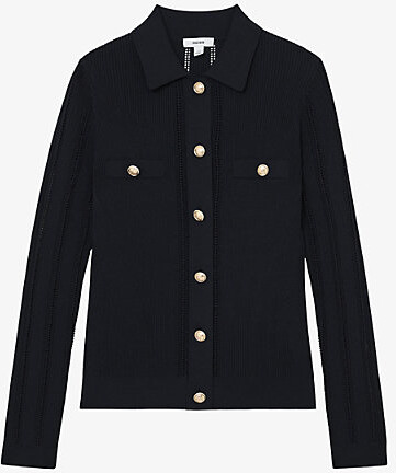 Reiss Womens Navy Harri Button-Through Knitted Top M