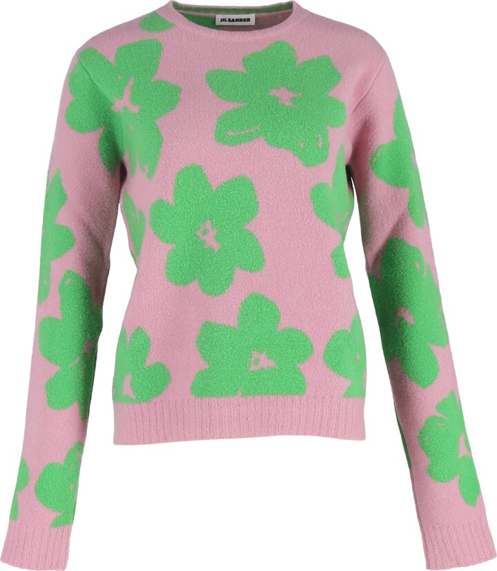 Jil Sander Flower Knit Crewneck Sweater in Pink Wool