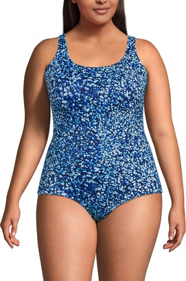 Lands' End Women's Plus Size Chlorine Resistant Tugless One Piece Swimsuit  Soft Cup - Navy/turquoise mosaic dot - ShopStyle