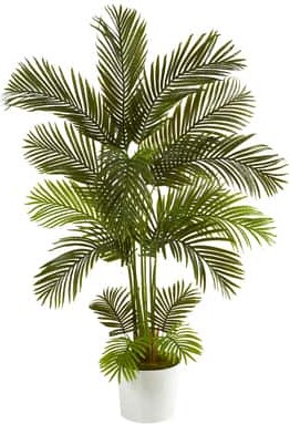 5.5Ft Areca Palm Tree in White Tin Planter By Nearly Natural in Green