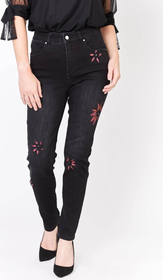 Frank Lyman Embroidered Flower Jeans In Black/magenta