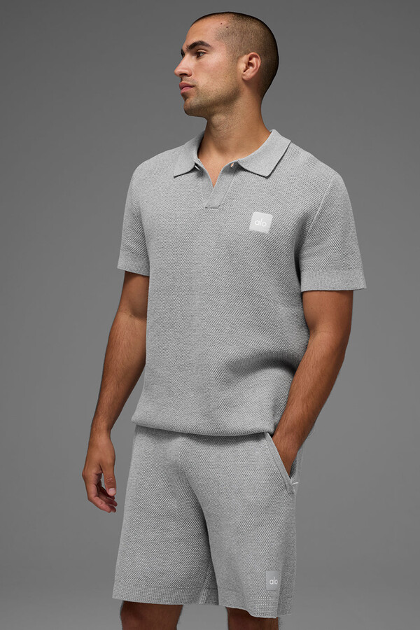 Alo | Sports Club Sweater Knit Polo Top in Athletic Heather Grey, Size: XL