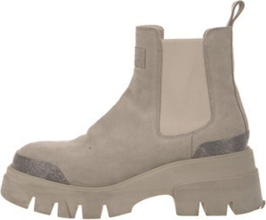 Brunello Cucinelli Suede Ankle Chelsea Boots Grey Monili Round-Toes with Beaded Accents Platform Includes Dust Bag