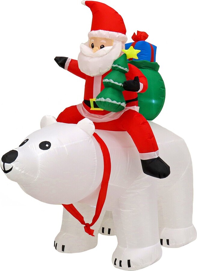 First Traditions 6' White Inflatable Blow Up Santa On Bear With 3 Warm