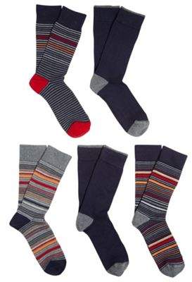 F&F 5 Pair Pack Of Striped And Plain Fresh Feel Socks Shoe Adult 09-12