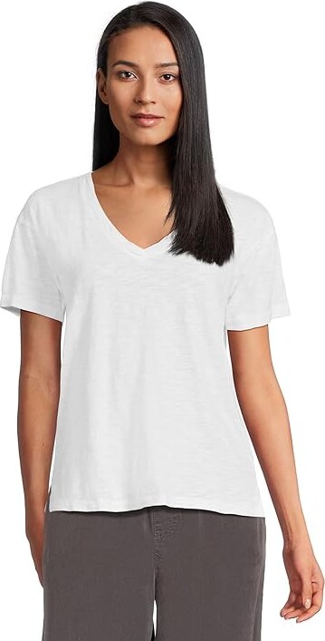 Mod-o-doc Short Sleeve V-Neck Boxy T-Shirts Women's Clothing White : XS (US 0-2), Cotton