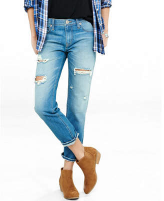 Express mid rise distressed faded unrolled girlfriend jeans