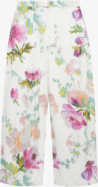Loewe Womens White/Pink Floral-Print Wide-Leg Mid-Rise Denim Jeans 8