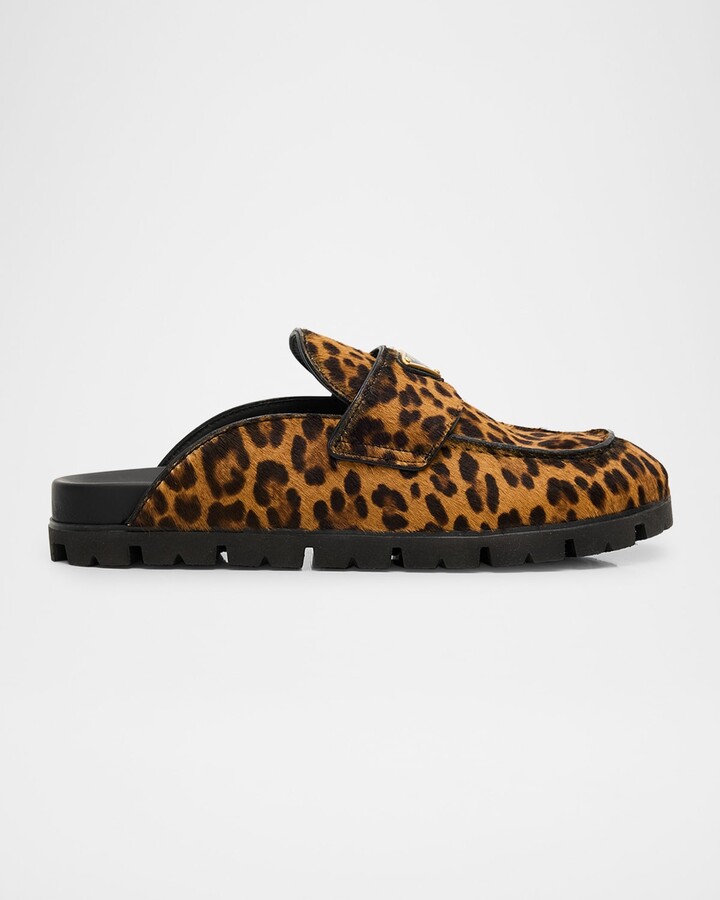 Prada Leopard Calf Hair Triangle Logo Mules