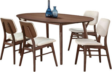 Benjara Lexy 5Pc Dining Table And 4 Chair Set Beige Boucle Seats Walnut Brown