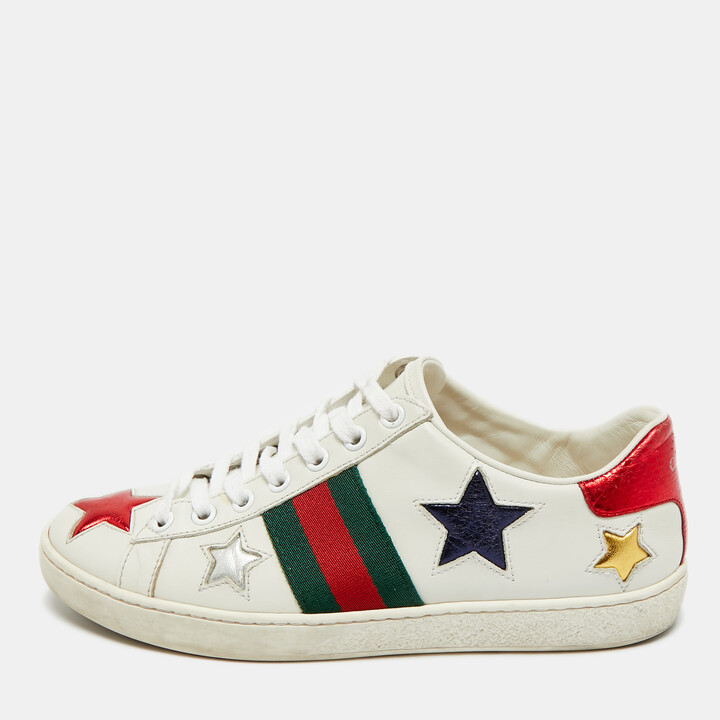Gucci White Leather and Snakeskin Embossed Ace Lace Up Sneakers Size 36