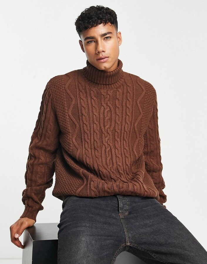 ASOS DESIGN cable knit roll neck sweater in brown - ShopStyle