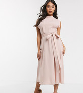 Thumbnail for your product : ASOS DESIGN Petite split cap sleeve high neck midi dress with skater skirt in pink