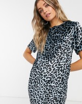 Thumbnail for your product : ASOS DESIGN DESIGN Petite padded shoulder short sleeve t-shirt mini dress in ash grey velvet leopard print